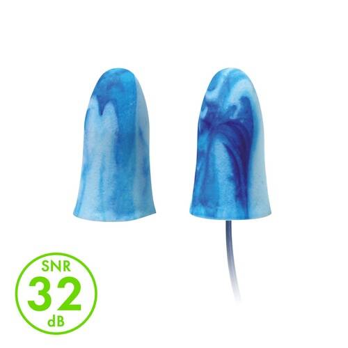 Blaue marmorierte Ohrstöpsel mit einer Lärmschutzklasse von 32 dB, entwickelt zum Schutz des Gehörs.