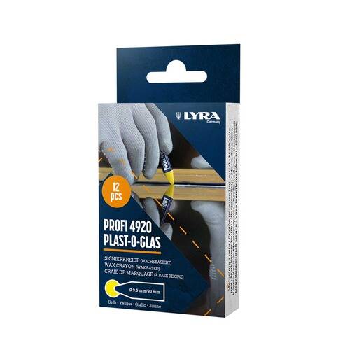 Box mit 12 gelben Wachsmalstiften (Lyra Profi 4920 Plast-O-Glas) zum Markieren auf verschiedenen Oberflächen, einschließlich Glas und Metall.