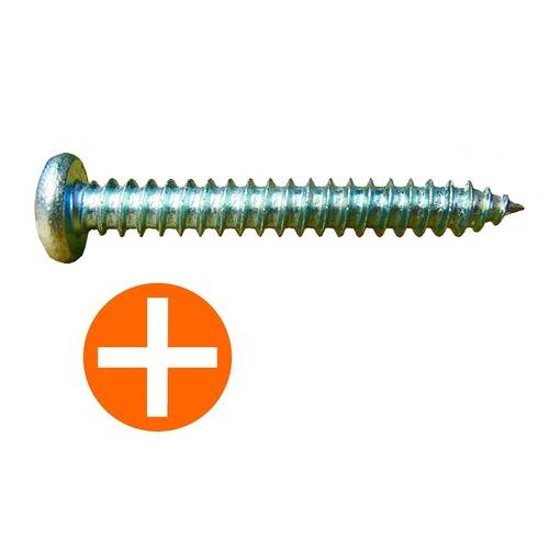 „Eine verzinkte Schraube mit rundem Kopf neben einem orangefarbenen Kreis mit weißem Pluszeichen, das Addition oder Zunahme symbolisiert.