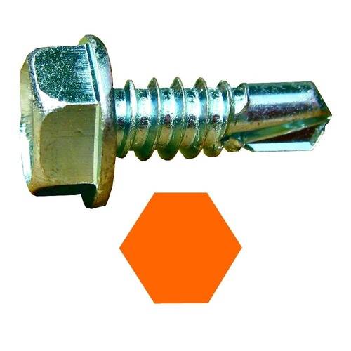 Ein Metallschraubbolzen mit sechskantigem Kopf und spitzer Spitze neben einer orangefarbenen Sechseck-Form, die Kompatibilität oder übereinstimmende Formen darstellt.