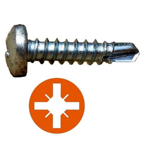 Eine Metallschraube mit sechskantigem Unterlegscheiben-Kopf über einem orangefarbenen Symbol, das den Schraubentyp oder die Größe anzeigt.