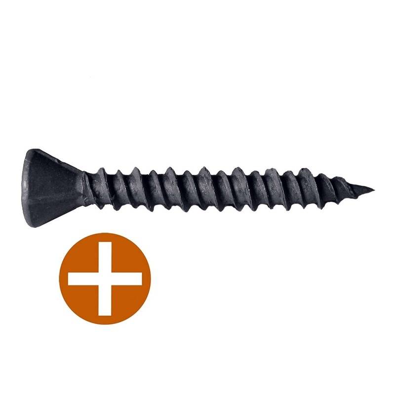 Ein schwarzer Holzschraube mit flachem Kopf und scharfer Spitze, positioniert über einem orangefarbenen Kreis mit weißem Pluszeichen.