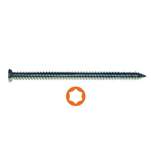 Eine silberfarbene Metallschraube mit sternförmigem Kopf, geeignet für Sternantriebe.