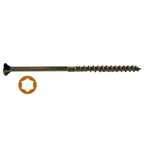 Eine lange Metallschraube mit Torx-Kopf neben einem orangefarbenen sternförmigen Torx-Symbol, das für Holzbearbeitungs- oder Konstruktionsanwendungen verwendet wird.