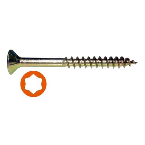 Eine Torx-Schraube mit Flachkopf, die Gewinde und ein sternförmiges Antriebsmuster zeigt, neben einem Torx-Symbol für die Treiberkompatibilität.