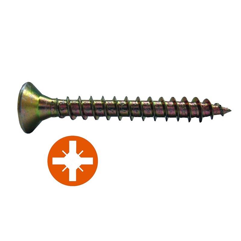 Eine einzelne metallische Schraube mit flachem Kopf und spitzer Spitze, die ein sternförmiges Antriebsmuster aufweist. Ein oranges Symbol unten zeigt ein ähnliches Sternmuster.