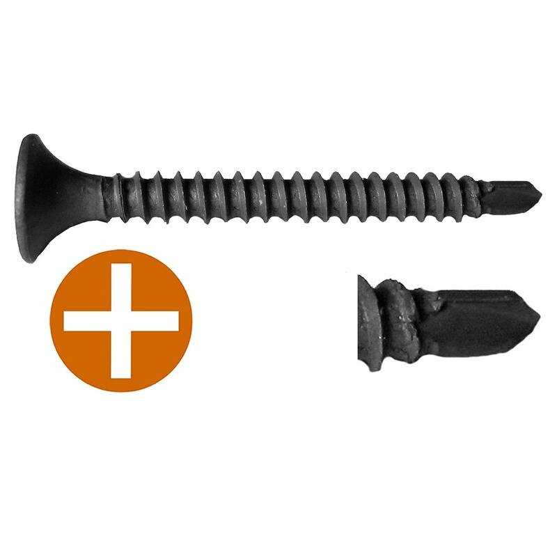 Eine schwarze Schraube mit Kreuzschlitz-Design wird gezeigt. Die Nahaufnahme der Gewinde-Spitze hebt ihre spezifische Form für sichere Befestigung hervor.