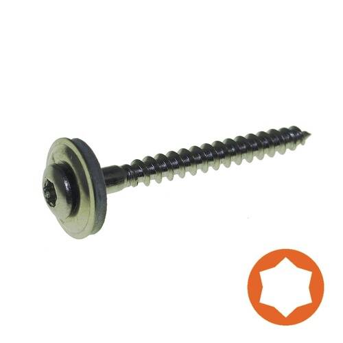 Eine Metallschraube mit einem sternförmigen Hohlkopf sitzt neben einem orangefarbenen Sechseck-Symbol.