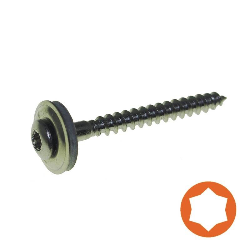 Eine Torx-Schraube mit einer Unterlegscheibe neben einem Torx-Symbol auf weißem Hintergrund.