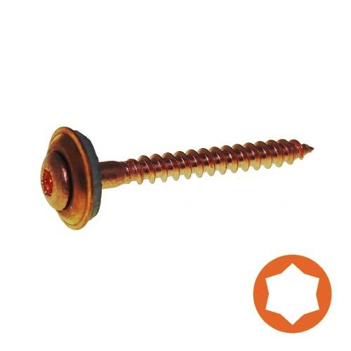 Eine kupferfarbene Schraube mit sternförmigem Antriebskopf, gezeigt mit einem entsprechenden orangefarbenen Sternsymbol, das die Kompatibilität anzeigt.