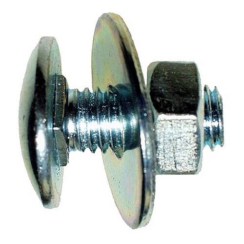 „Ein Rundkopfschraube mit Mutter und Unterlegscheiben, verwendet zum Befestigen von Materialien bei der Montage oder im Bauwesen.