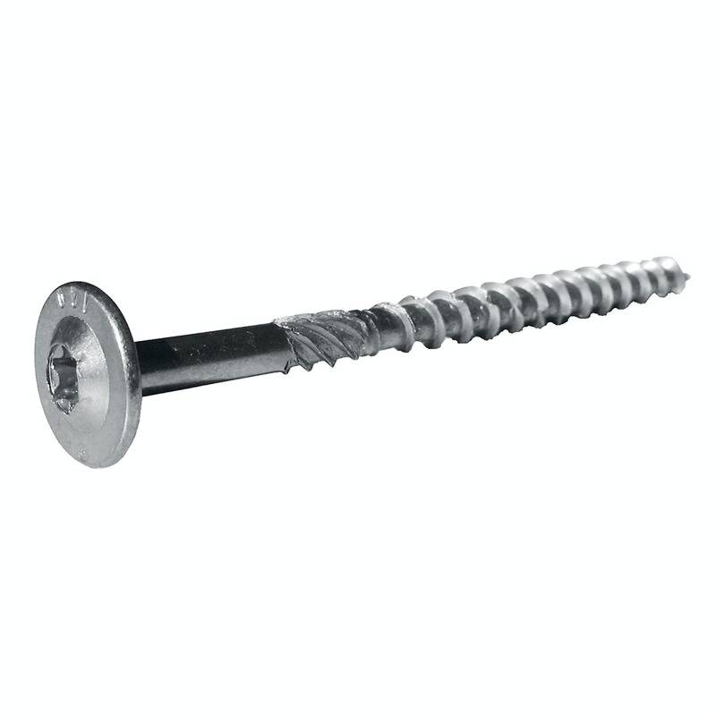 Ein Metallschraube mit flachem, rundem Kopf und gerilltem Schaft, der zum Befestigen von Materialien verwendet wird.