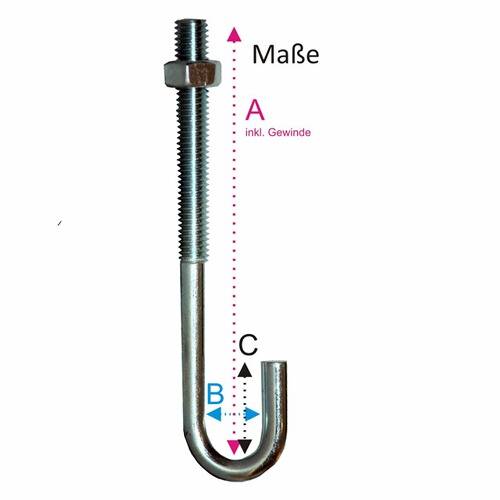 Illustration eines Metallgewindebolzens in J-Form mit beschrifteten Maßen: A (inkl. Gewinde), B und C. Der Schwerpunkt liegt auf den Abmessungen.