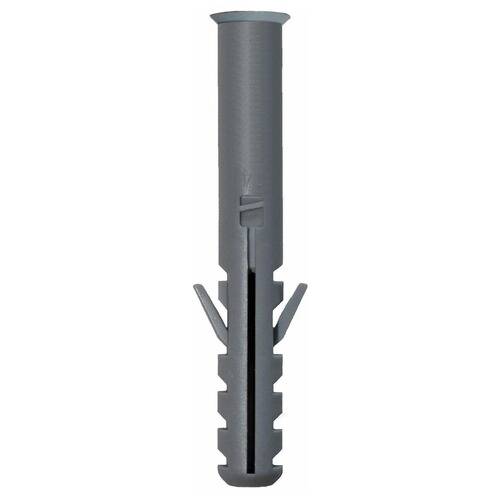 Ein grauer Kunststoff-Wanddübel mit zylindrischem Körper, gerippter Außenseite und ausklappbaren Flügeln zum Befestigen von Schrauben in Bohrlöchern.