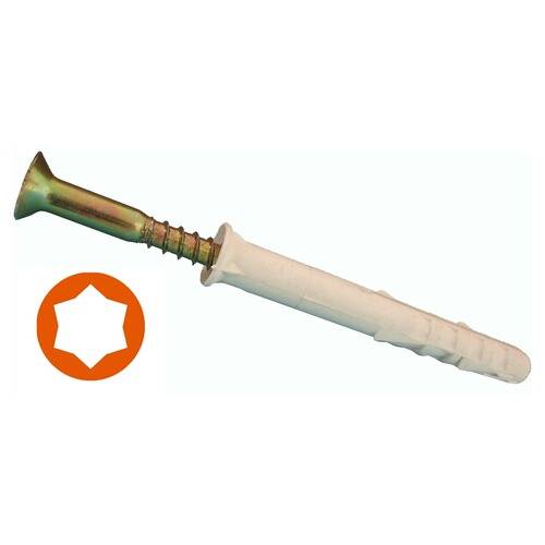 Ein Wandstecker- und Schraubensatz mit einem sechszackigen Sternsymbol, das die kompatible Schraubenkopfform der Schraube anzeigt.