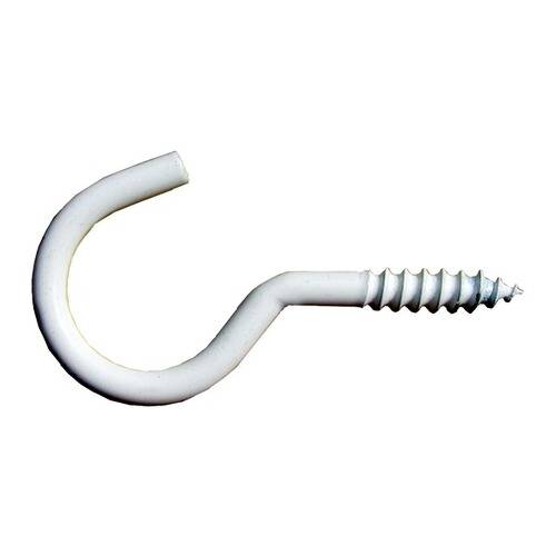 Weiße Metallschraube mit Öse auf weißem Hintergrund, zeigt einen gebogenen Haken und ein Gewinde-Ende.