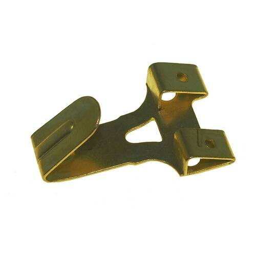 Goldener Bilderrahmen-Haken mit zwei Nägellöchern, zum Aufhängen von Rahmen konzipiert.