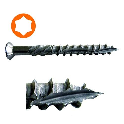 Eine spitze, gewinde Schraube mit sternförmigem Kopf, konstruiert für stabile Holzverbindungen.