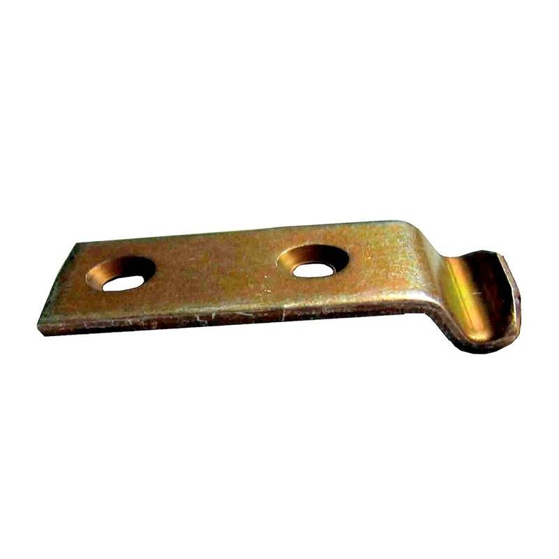 Eine Metallhalterung mit zwei Schraubenlöchern, die zum Befestigen oder Stützen von Objekten in Bau- oder Schreinerprojekten verwendet wird.