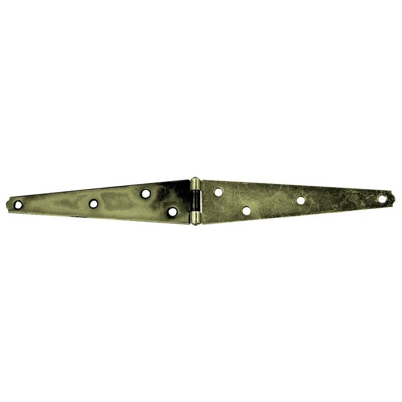 Ein Metall-T-Scharnier mit mehreren Schraubenlöchern, das zum Befestigen von Türen oder Toren verwendet wird, dargestellt flach und entfaltet.