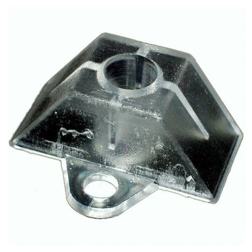 Transparente, quadratische Kunststoffhalterung mit einem zentralen zylindrischen Loch und einer kleinen vorstehenden Lasche zum Befestigen auf einer Oberfläche.