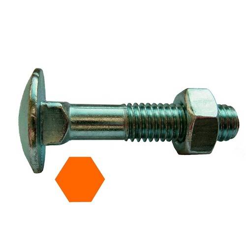 Ein Metallkutschenschraube mit einer sechskantigen Mutter und einer orangefarbenen Sechskanform daneben, die ein Hardwarekomponentendesign veranschaulicht.