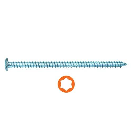 Eine lange, silberfarbene Schraube mit einem sternförmigen, sechszackigen Kopf neben einem orangefarbenen Sternsymbol, das wahrscheinlich die Art des Schraubenkopfes anzeigt.