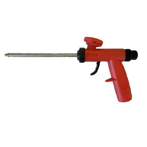 Eine rote Sprühschaumkanone mit Grifftrigger und langer Metallüse, verwendet zum Auftragen von Isolier- oder Klebstoffen.