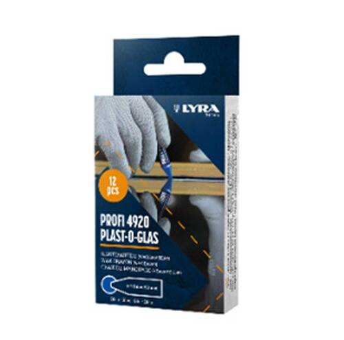 Eine Packung mit 12 Lyra Profi 4920 Plast-O-Glas Markern, gezeigt mit den Markern, die auf Glas zeichnen. Blaue und weiße Verpackung.