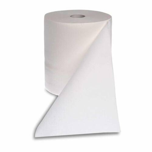 Eine Rolle Papiertücher in Weiß mit einem einzelnen Blatt, das teilweise abgerollt ist und ihre Dicke und Oberflächenstruktur zeigt.