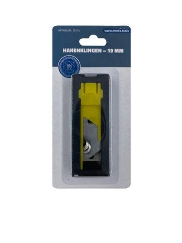 HAKENKLINGEN – 19 MM' Verpackung mit einer gelb-schwarzen Universalklinge in einer Kunststoffverpackung.