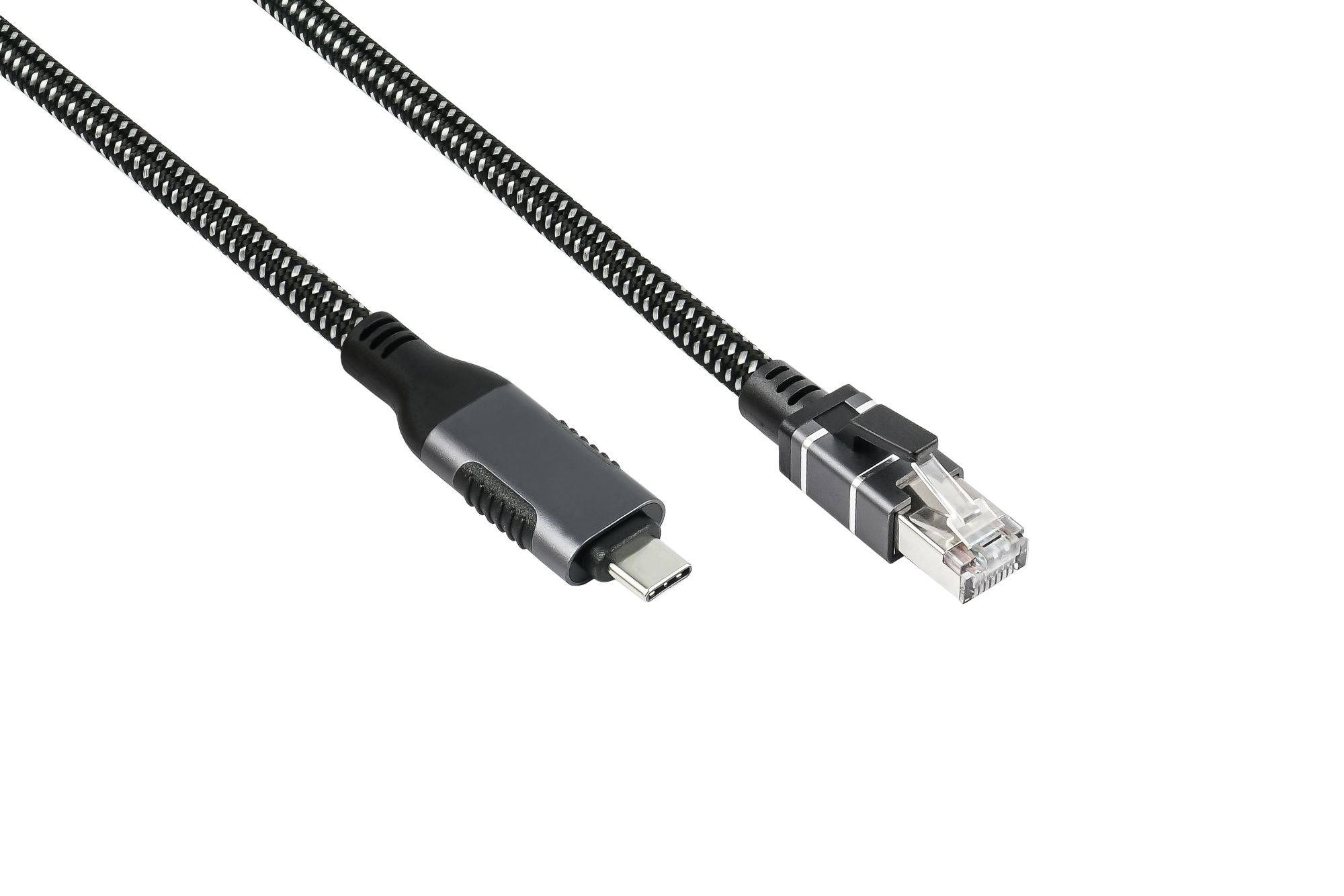 Zwei Arten von Kabeln: ein USB-C mit geflochtenem Design und ein Ethernet-Kabel. Symbole von zwei Laptops, die verbunden sind und Datentransfer anzeigen.
