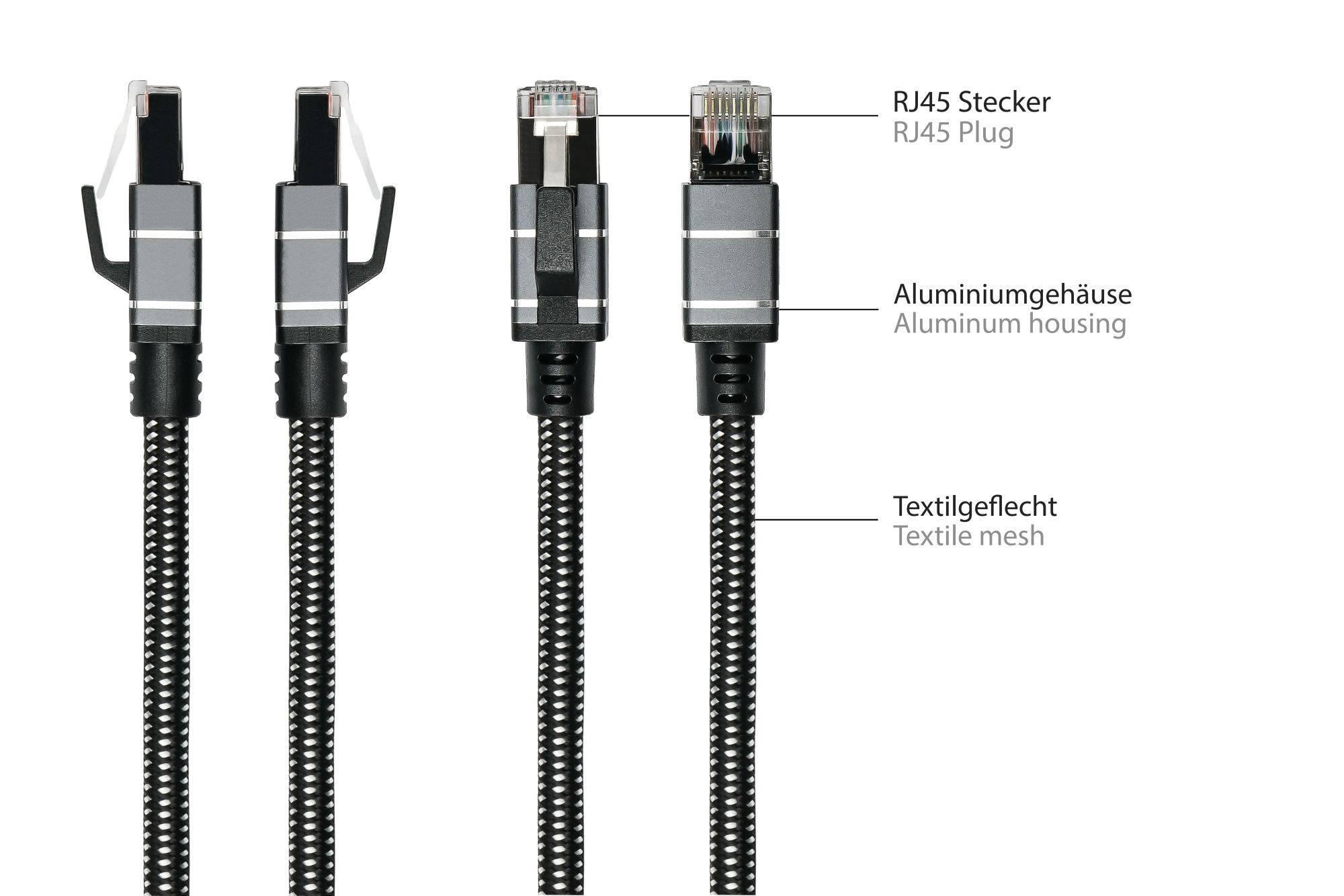 Geflochtenes Textilnetz-Kabel mit RJ45-Steckern und Aluminium-Gehäuse