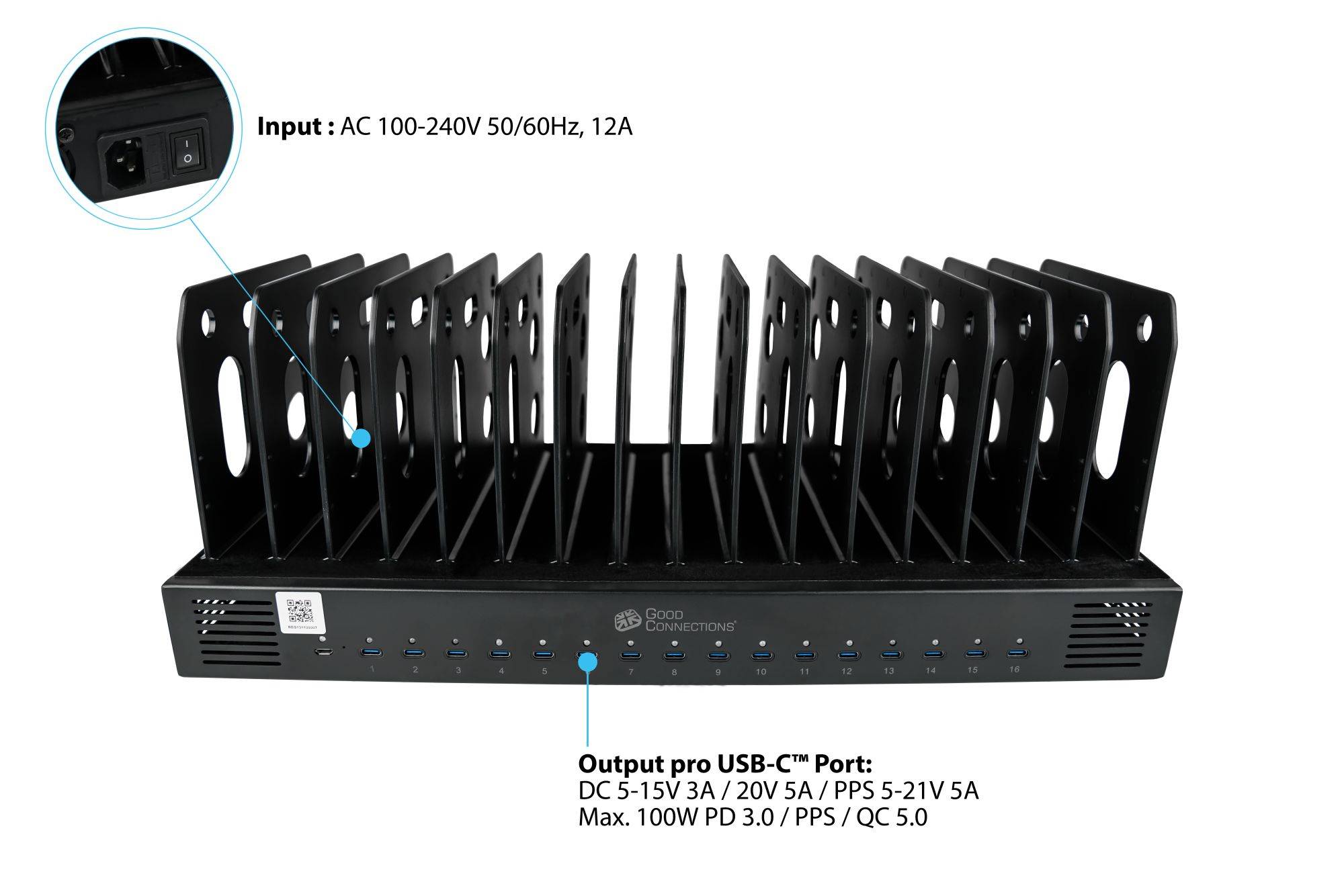 USB-Desktop-Schnellladestation 1000W, 16-Port (16x USB-C™), PD 3.0, PPS, QC 5, schwarz, Good Connections®
