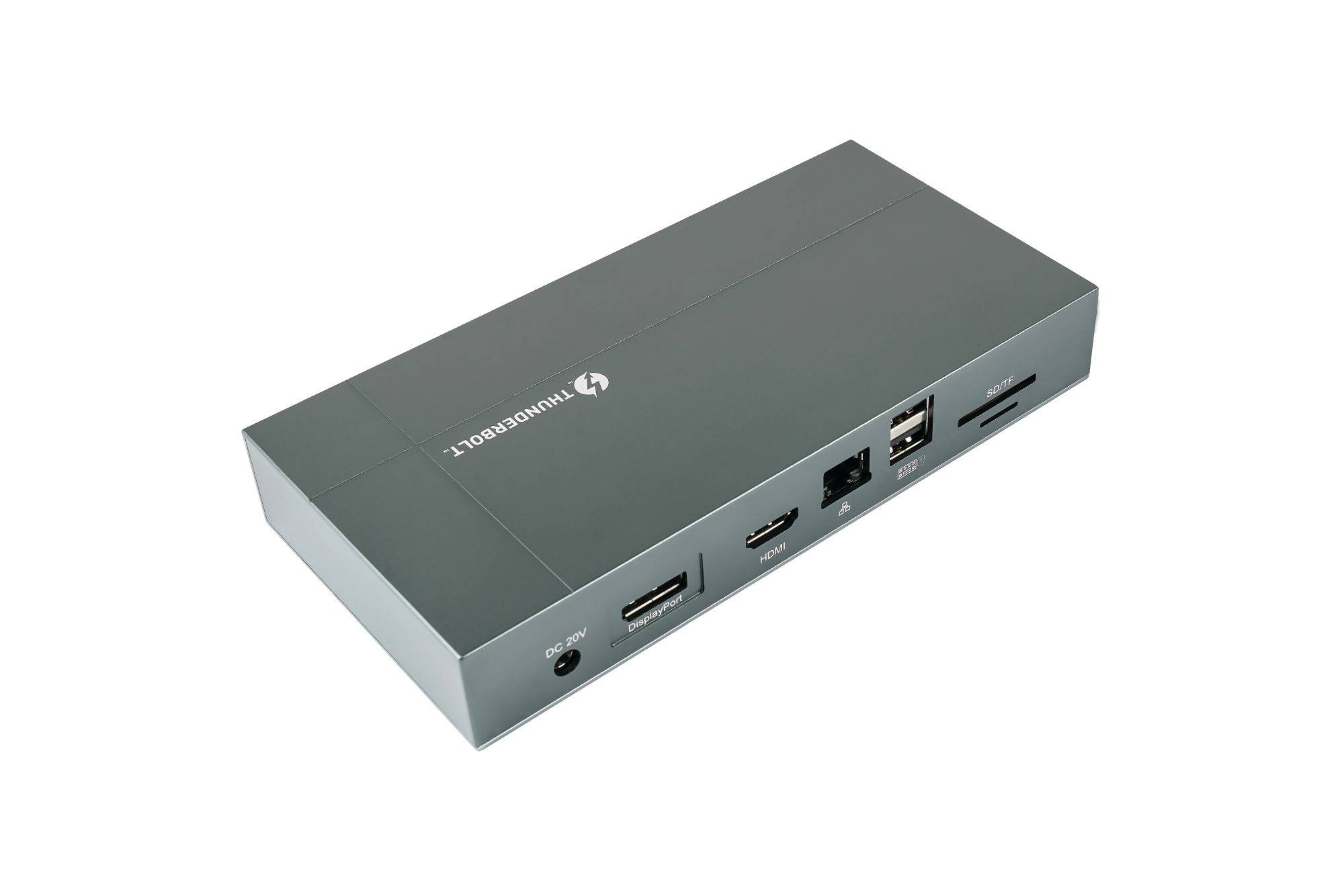 Eine graue elektronische Dockingstation mit Anschlüssen für HDMI, Ethernet, USB und SD, entwickelt zum Verbinden verschiedener Geräte.