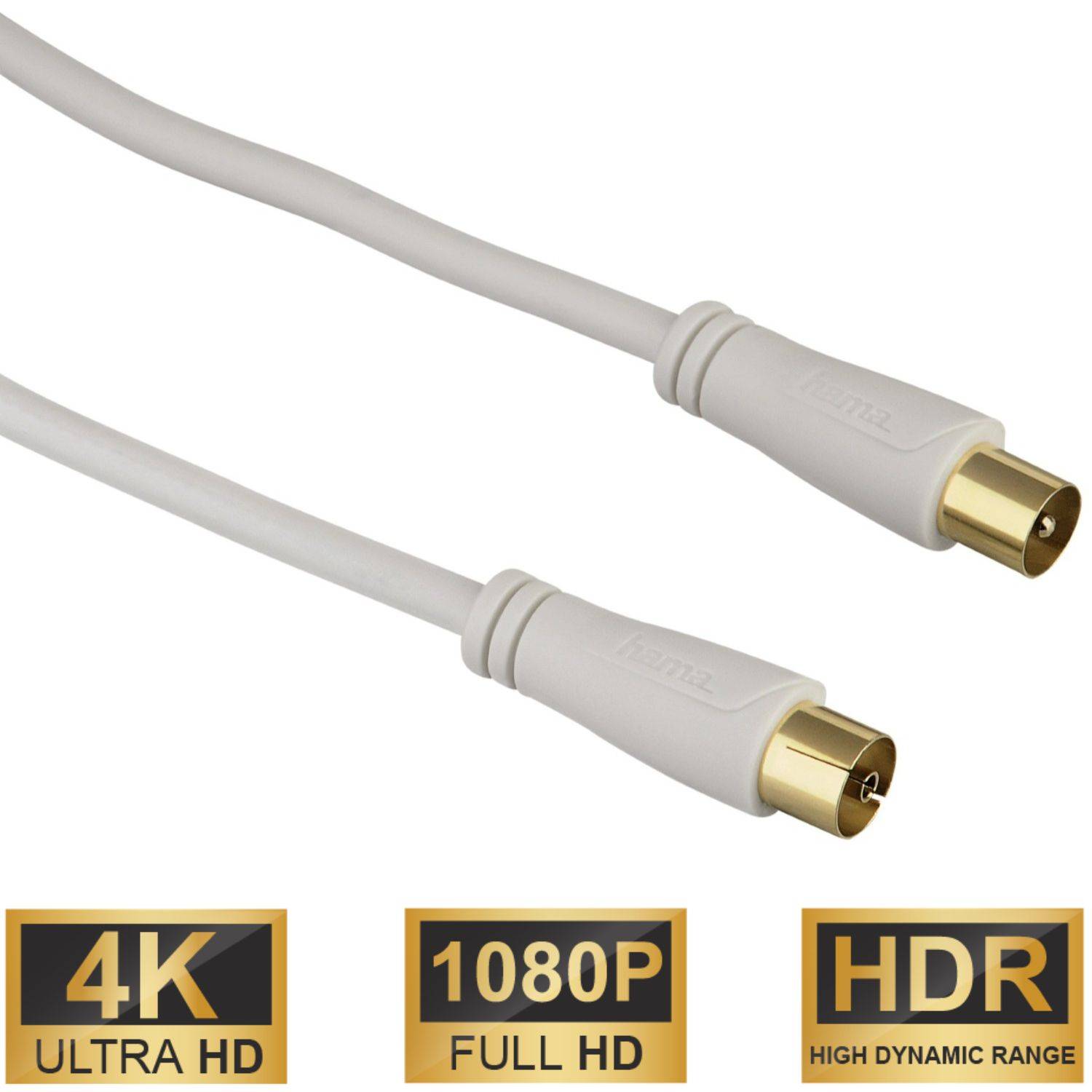 Ein weißes audiovisuelles Kabel mit vergoldeten Anschlüssen wird gezeigt. Darunter befinden sich Symbole, die die Unterstützung für „4K Ultra HD
