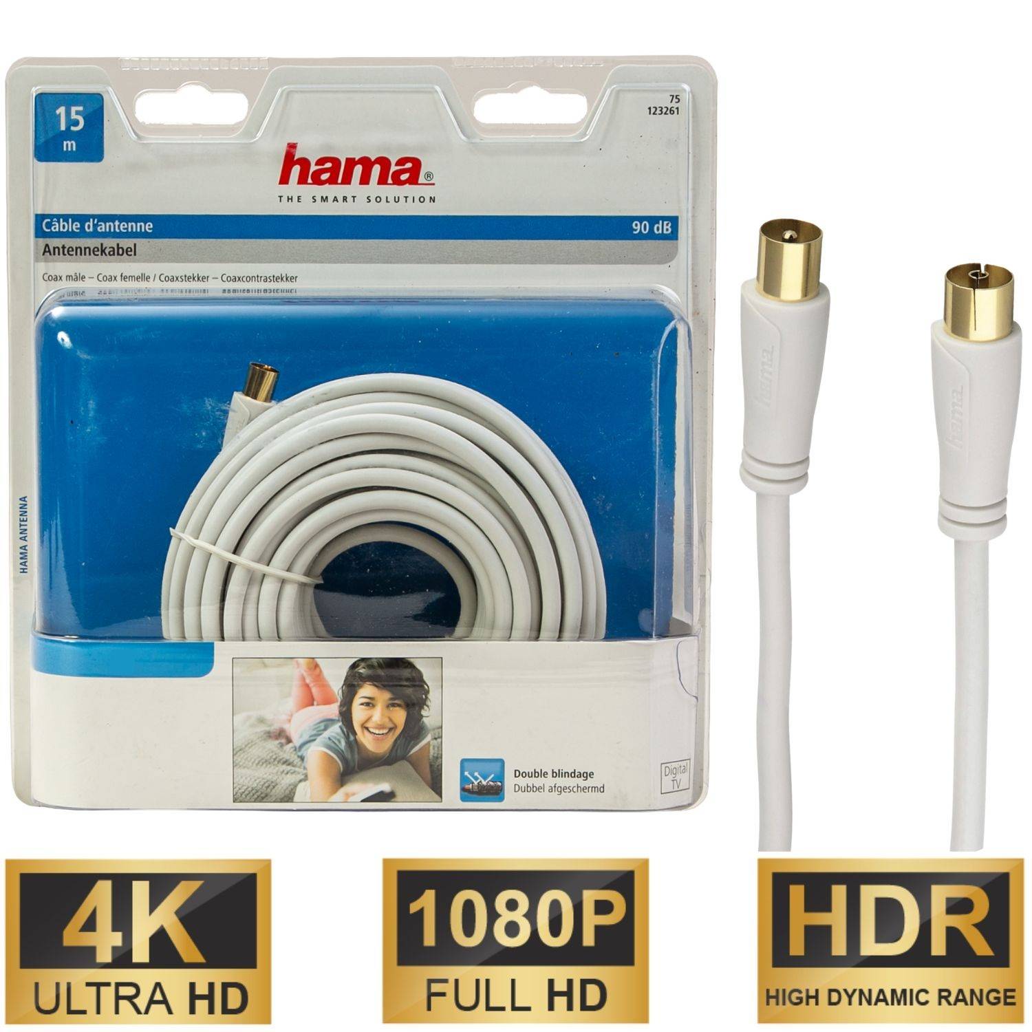 Verpacktes weißes koaxiales Antennenkabel von Hama, 15 m lang mit vergoldeten Anschlüssen; Etiketten zeigen 90 dB, 4K Ultra HD, 1080P Full HD und HDR-Kompatibilität.