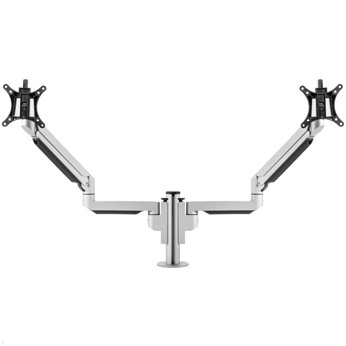 Doppelter Monitorarm mit verstellbaren Gelenken, entworfen zum Halten von zwei Bildschirmen. Ermöglicht Positionierungsflexibilität für erhöhte Arbeitsplatzeffizienz.