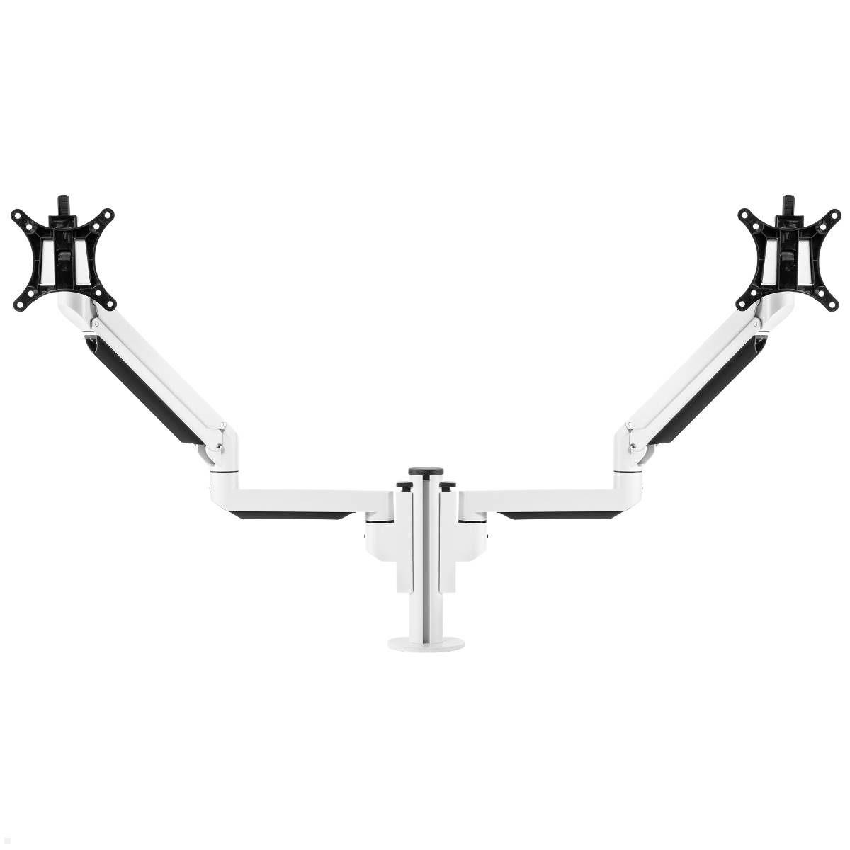 Weißer Dual-Monitor-Armständer mit verstellbaren Gelenken und Montageklammern, geeignet für ergonomische Büroeinrichtungen.