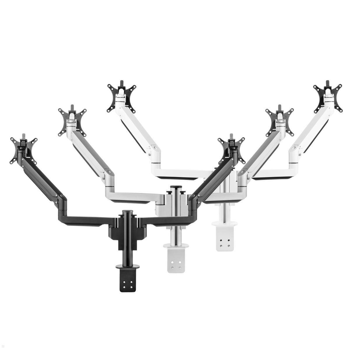 Sechs verstellbare Monitorarme in Schwarz und Weiß, jeweils mit VESA-Halterungen, die verschiedene Winkel und Konfigurationen für Arbeitsplatz-Ergonomie zeigen.