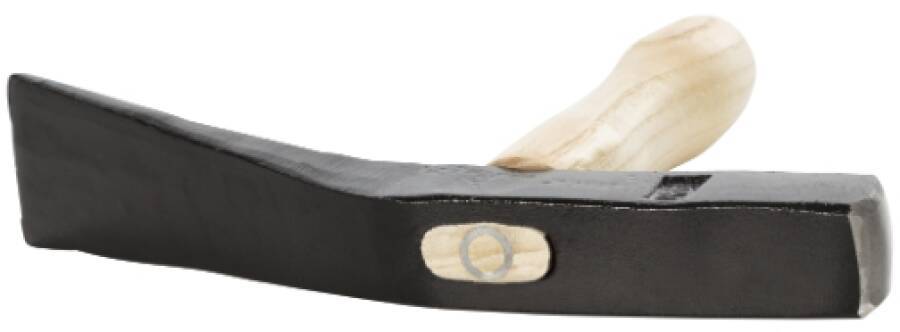 Ein schwarzes, geschwungenes Objekt mit einem kleinen, hölzernen Detail mit eingraviertem Kreis, möglicherweise ein Teil eines Werkzeugs oder Instruments.