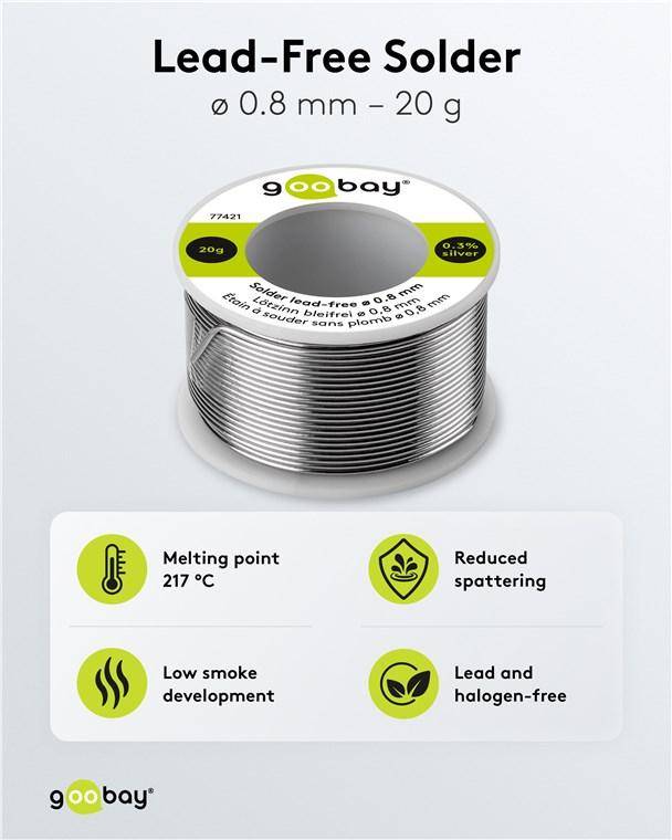 Goobay Lötzinn bleifrei, ø 0,8 mm, No-Clean-Flussmittel, Kolophoniumkern 2,5 %, 217 °C - Gewicht: 20 g