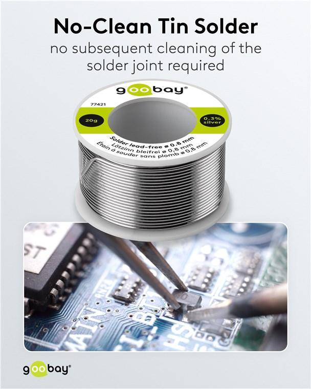 Goobay Lötzinn bleifrei, ø 0,8 mm, No-Clean-Flussmittel, Kolophoniumkern 2,5 %, 217 °C - Gewicht: 20 g