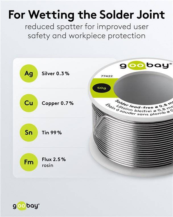 Goobay Lötzinn bleifrei, ø 0,8 mm, No-Clean-Flussmittel, Kolophoniumkern 2,5 %, 217 °C - Gewicht: 50 g