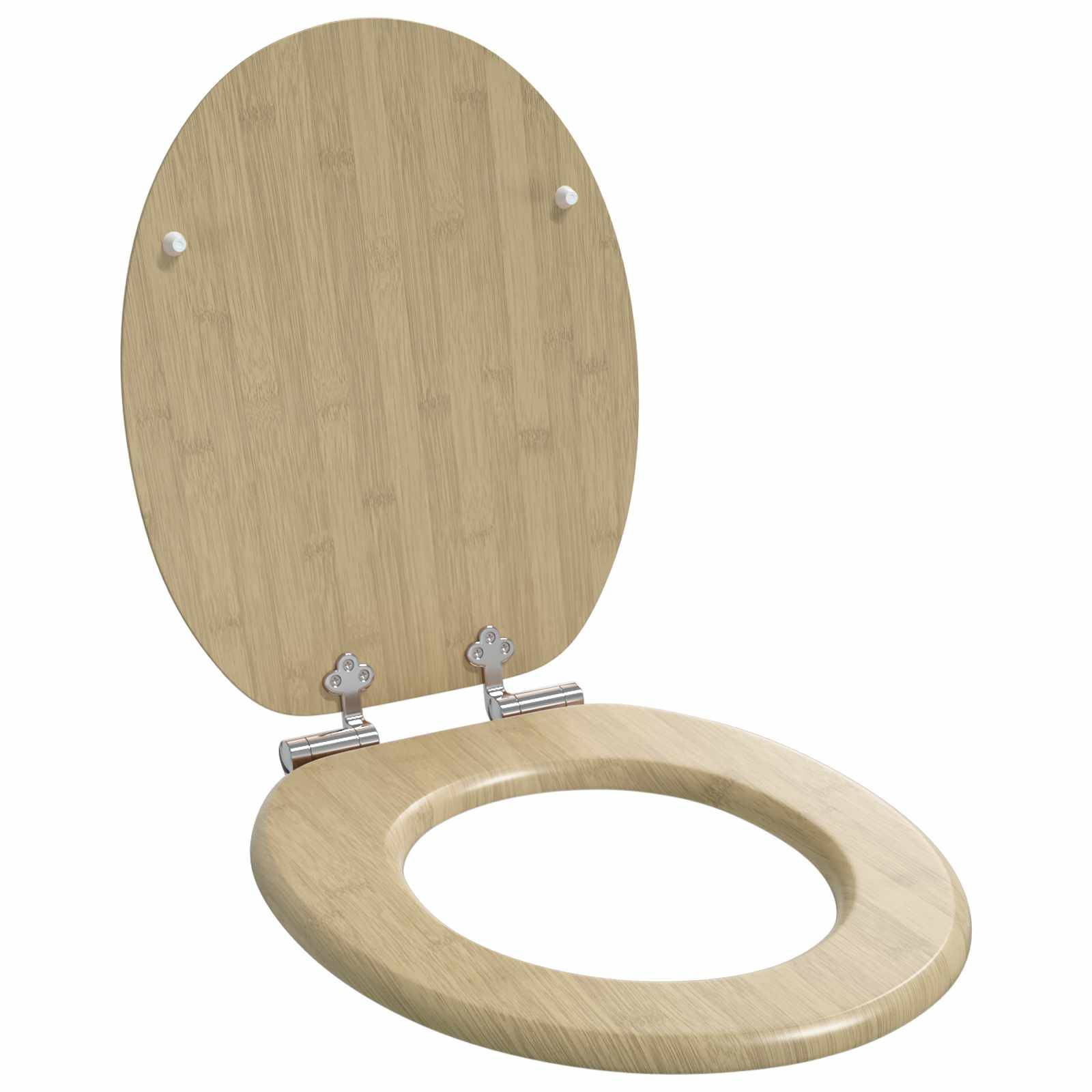 Ein rundes, helles Holz-Toilettensitz mit passendem Deckel, ausgestattet mit Metallscharnieren zur Befestigung an der Toilettenschüssel.