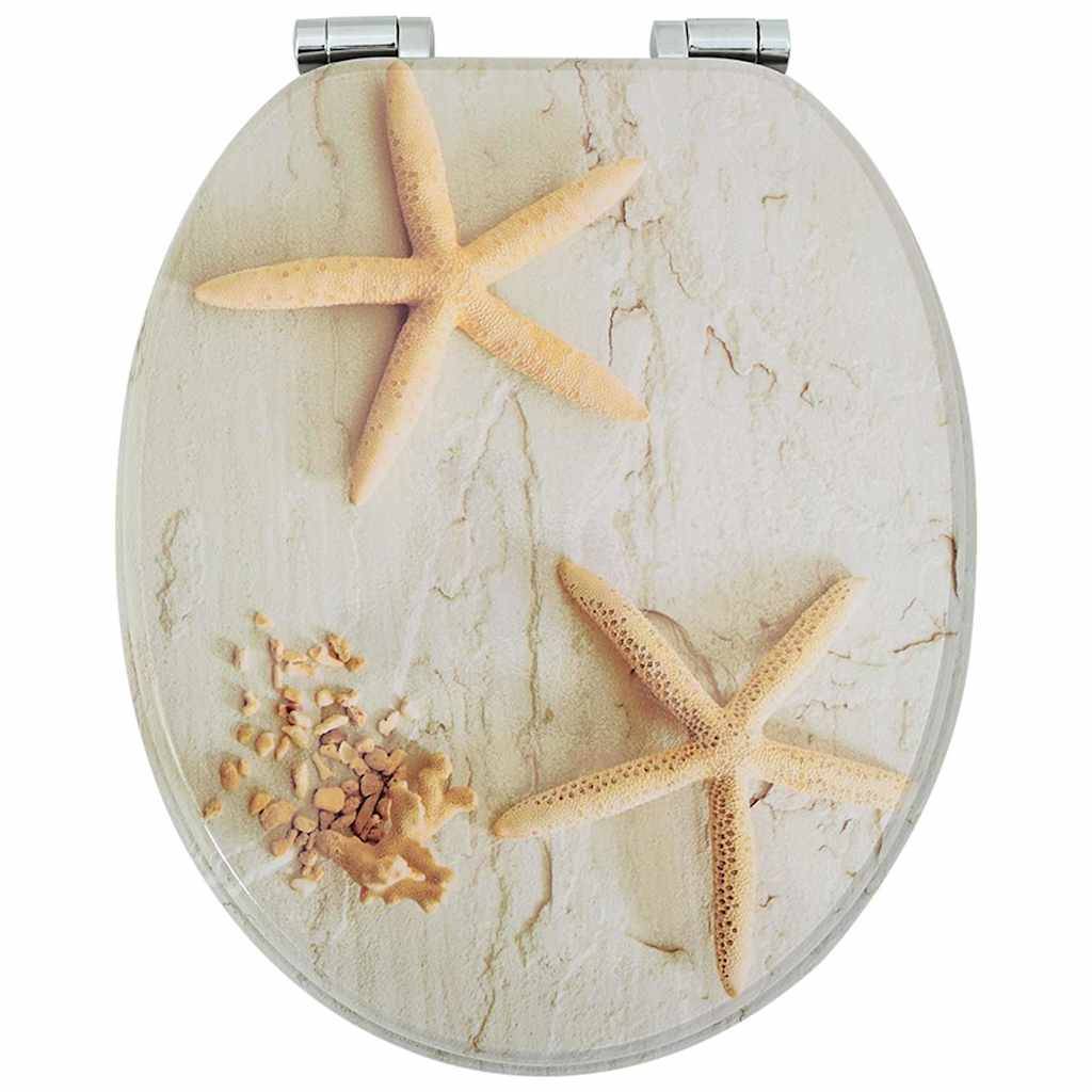 Toilettensitzabdeckung mit Strandthema, mit zwei Seesternen und kleinen Muscheln vor einem marmorähnlichen Hintergrund.