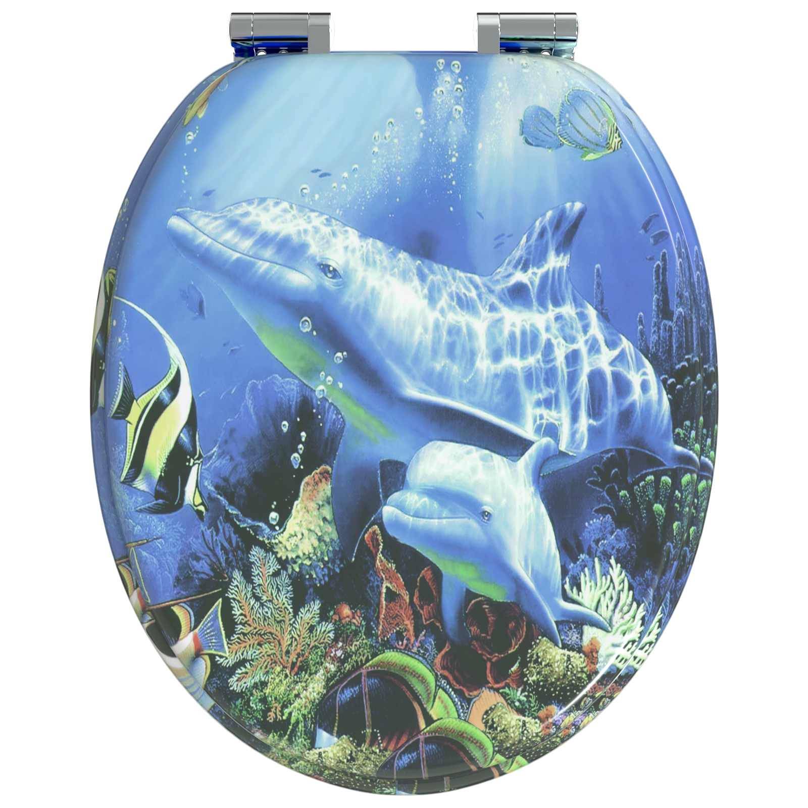 Toilettensitzdeckel mit lebendiger Unterwasserszenerie mit Delfinen, bunten Fischen und Korallenriffen.