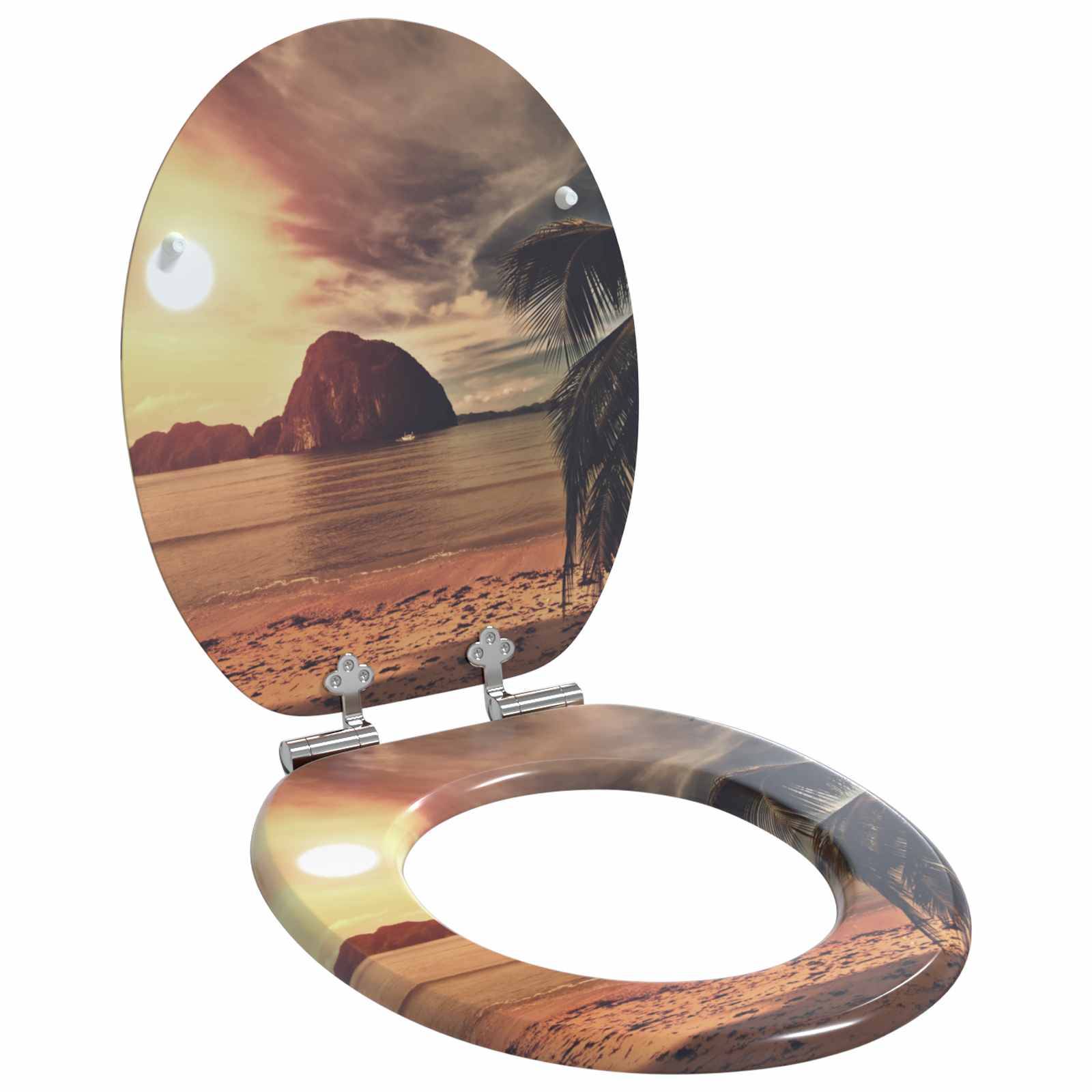 Toilettensitz mit einer Strandsonnenuntergangsszene, mit Palmen und einer Insel im Hintergrund.
