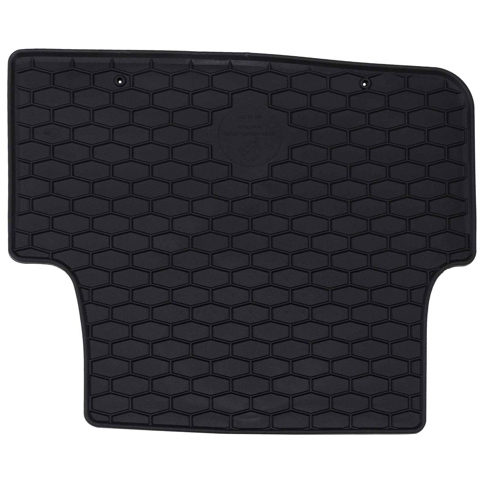 Eine schwarze Gummi-Fußmatte mit einem sechseckigen Muster, die für den Innenraum von Autos entwickelt wurde, bietet Schutz vor Schmutz und Feuchtigkeit.