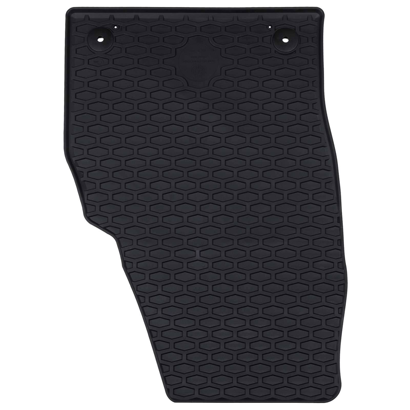 Bodenmatte mit Sechskantmuster, schwarze Farbe, maßgeschneiderte Form zur Anpassung an Fahrzeuginnenräume, mit zwei Befestigungslöchern oben.